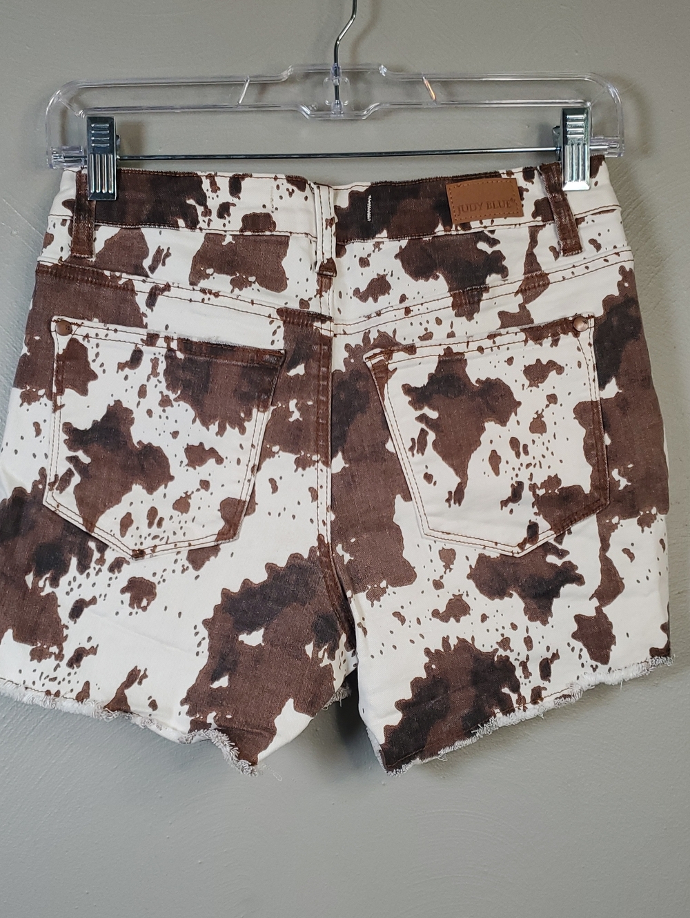 Judy Blue Cow Print High-Rise Denim, Raw Hem Shorts - Brown/White. Small - Picture 6 of 9